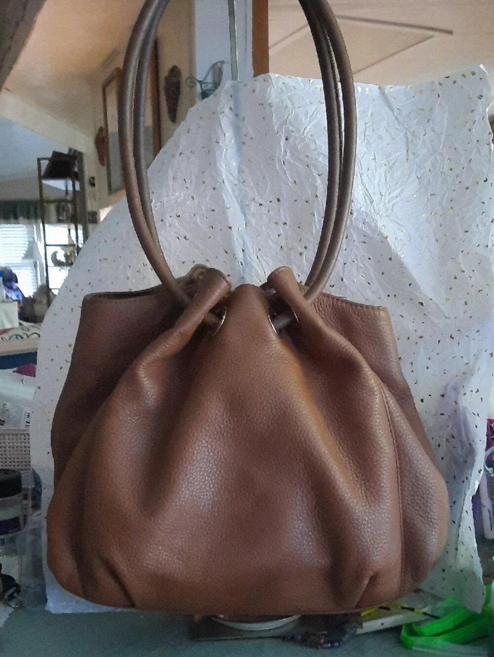 Michael Kors Tan Pebbled Leather Drawstring Hobo with Tassel Charm